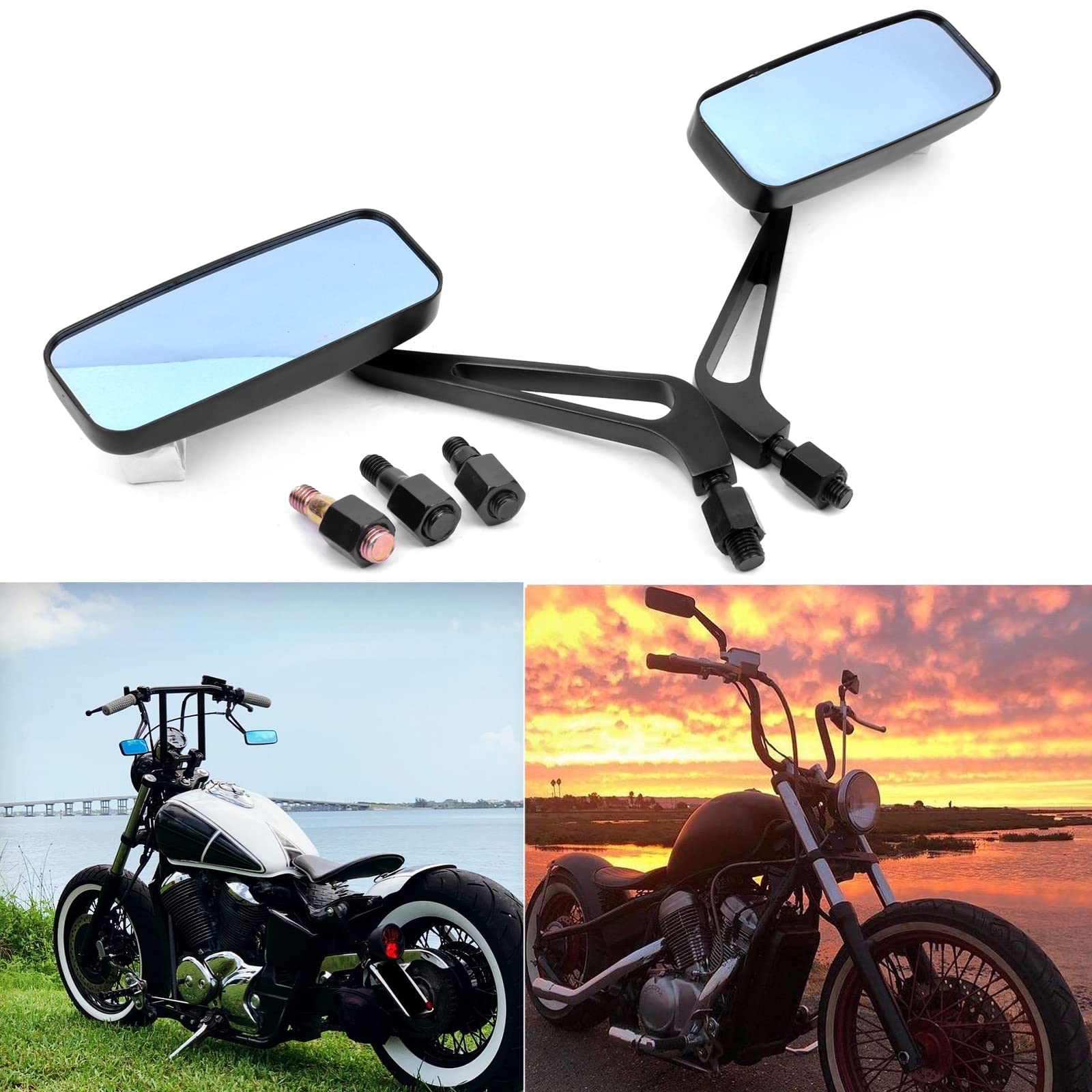 Photo 1 of 8mm/10mm Black Rectangle Motorcycle Rear view Side Mirrors compatible with Honda Grom Kawasaki Suzuki Yamaha Cruiser Chopper