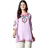 LIBOZA Women's Embroidered Kashmiri Tunic Top, Short Kurti on Jeans, V-Neck, 3/4 Sleeve, Floral Design