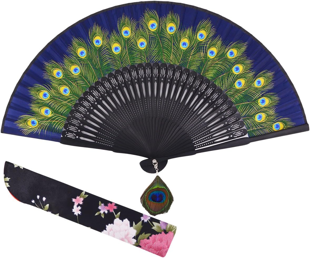 Amajiji 8.27" Peacock Chinease/Japanese Hand Held Silk Folding Fan with Bamboo Frame,Hollow Carve Patterns Bamboo Frame Women Hand Folding Fans Hand Fan Gift Fan Craft Fan Folding Fan (Blue)