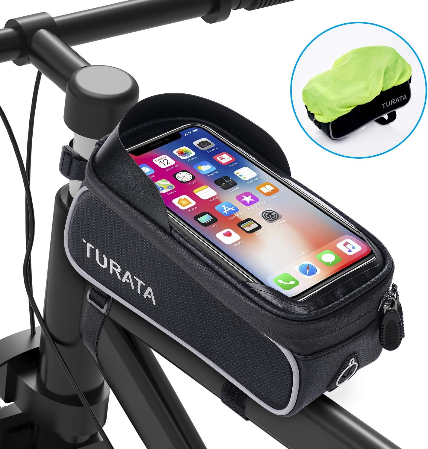 TURATA Bike Frame Bag, Waterproof Bike Pouch Bag, Cycling Front Top Tube Touchscreen Sun Visor Storage Bag with Headphone Hole for iPhone Samsung and other Smartphone Below 6.5 Inch