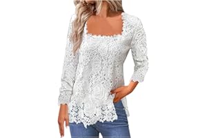 Lace Tops for Women Dressy Casual Square Neck Long Sleeve Crochet Tops Elegant Cute Fall Tunic Blouses Shirts
