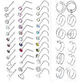 N/D 20G 60 Pcs Nose Rings For Women Hoop L Shape Nose Studs for Men Stainless Steel Nose Screw Bone Flat Top Diamond Opal Heart High Nostril Piercing Jewelry