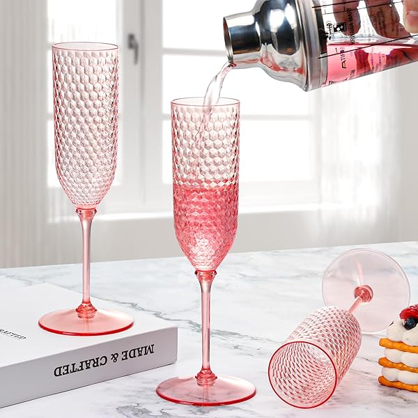 24 PACK PINK DETACHABLE 2 PIECE CHAMPAGNE FLUTES 5.5 OZ UNBREAKABLE PLASTIC MIMOSA DISPOSABLE CHAMPAGNE GLASSES DRINKING CUPS STEMMED REUSABLE WINE TOASTING GLASSES FOR WEDDING (24, CLEAR PINK)