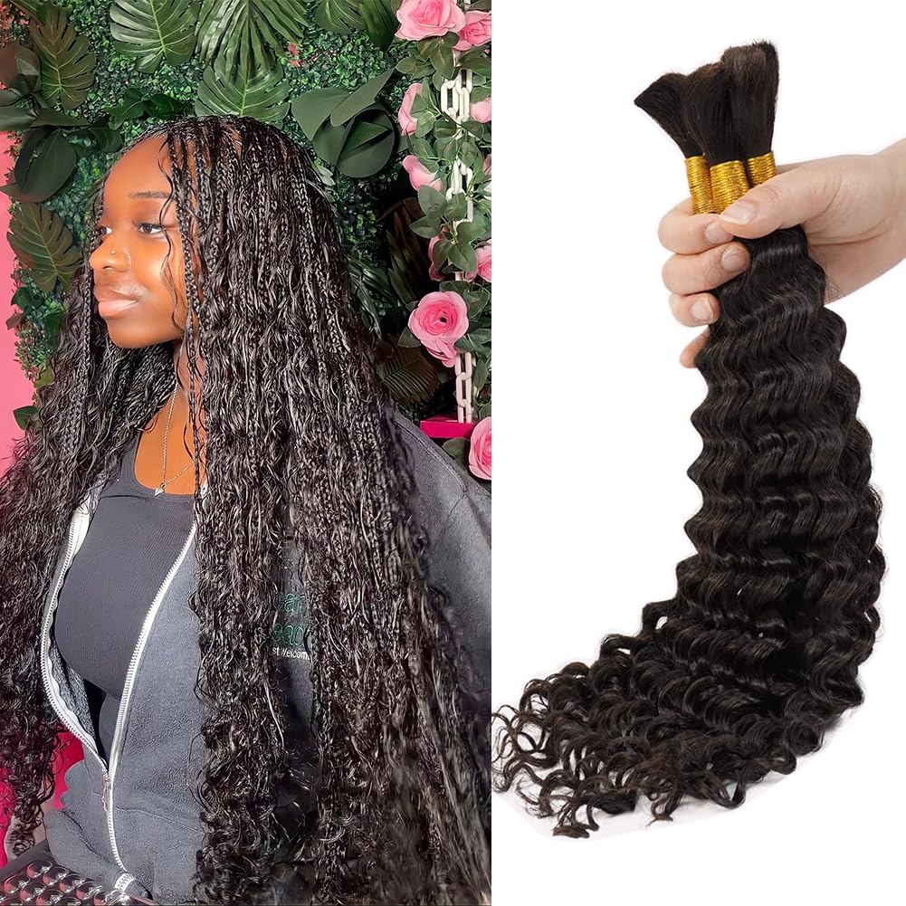 DUAUJUIU Human Hair Braiding Hair No Weft Human Hair Bulk for Micro Braiding Human Hair Extension 20 Inch Deep Wave Natural Black Human Hair for Braids Human Braiding Hair Boho Braiding 200g（50g x 4） — image 1