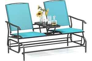 Tangkula 2 Person Swing Glider Chair, Patio Rocking Loveseat w/Center Tempered Glass Table, Outdoor Swing Bench w/Steel Frame & Breathable Mesh Fabric for Porch, Balcony, Poolside (Turquoise)