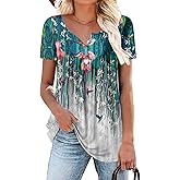 ROSELINLIN Women's Short Sleeve Shirts Floral Summer Tops Loose Fit for Leggings