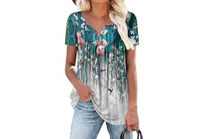 ROSELINLIN Women's Short Sleeve Shirts Floral Summer Tops Loose Fit for Leggings