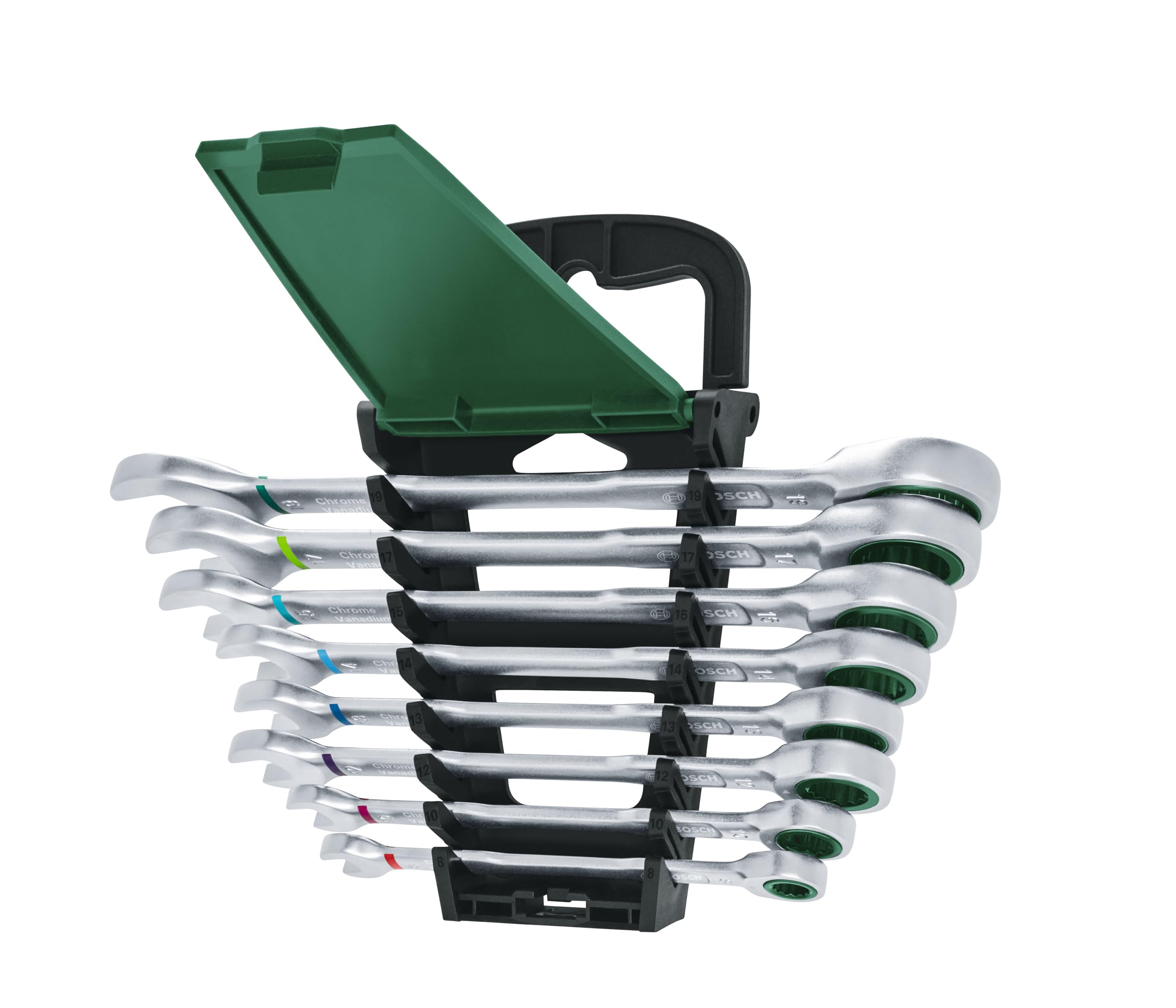Bosch Schraubenschlüssel/Ratschen-Kombischlüssel-Set, 8-teilig (Ultimativer Komfort durch Kombination aus Maul-und Ratschenschlüssel, hochwertig und rostbeständig, farbcodierte Größenangabe) 5