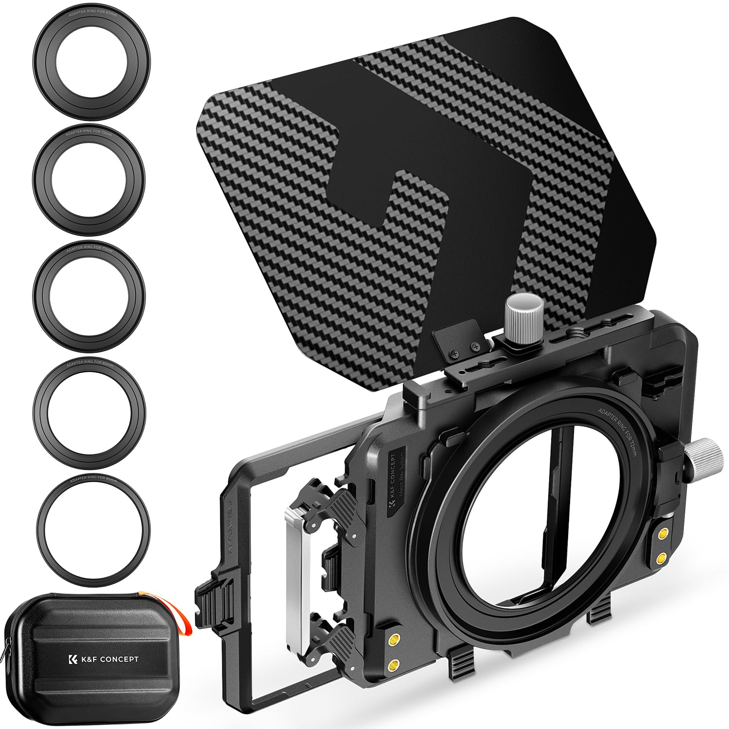 K&F CONCEPT Matte Box with Two 4 x5.65" Filter Trays, Camera Matte Box with Carbon Top Flag, 5 Adapter Rings 67mm/ 72mm/ 77mm/ 82mm/ 95mm Lenses, Compatible with SmallRig NISI TIFFEN Filter Accessory