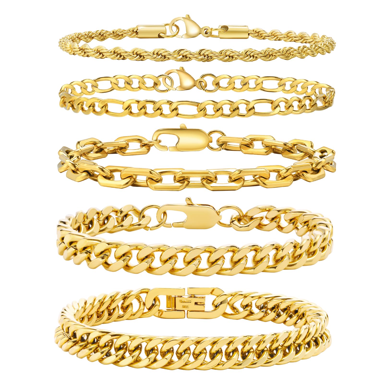 Photo 1 of 3*PCS ONLY Gold Bracelet for Women Trendy, 18k Real Gold Plated Gold Jewelry Simple Chunky Stackable Stainless Steel Rope/Figaro/Paperclip/Cuban Chain Link Bracelets Set for Teen Girls Gifts for Her Friends