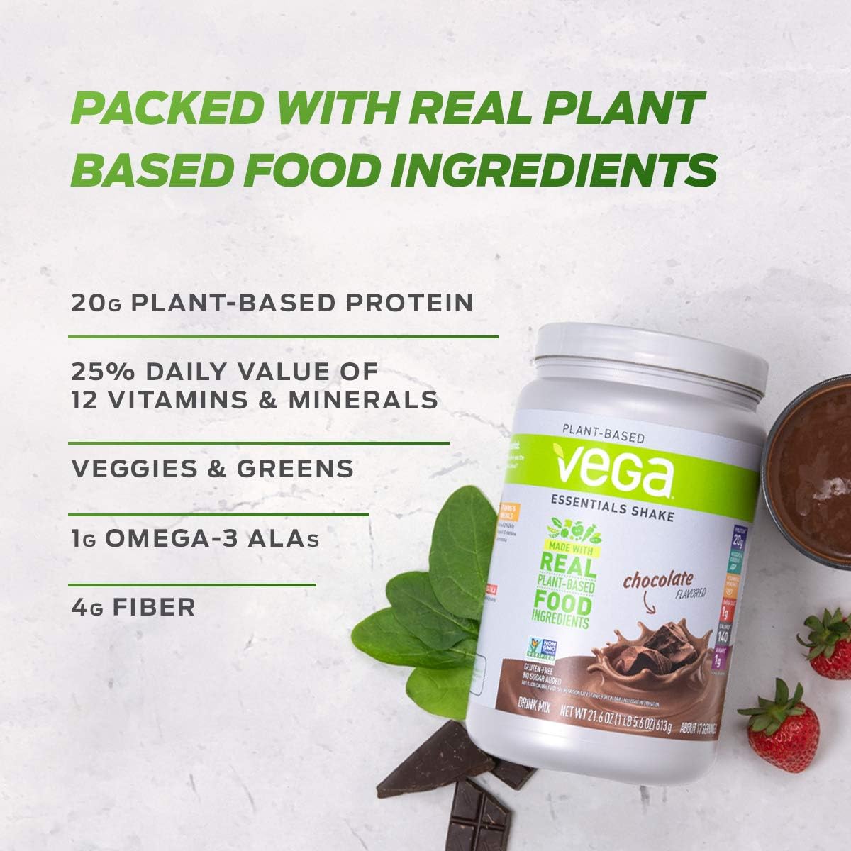 Vega Essentials Protein Powder, Chocolate, Plant Based Protein Powder Plus Vitamins, Minerals and Antioxidants - Vegan, Vegetarian, Keto-Friendly, Gluten Free, Dairy Free (17 Servings, 1lb 5.6oz): Health & Personal Care