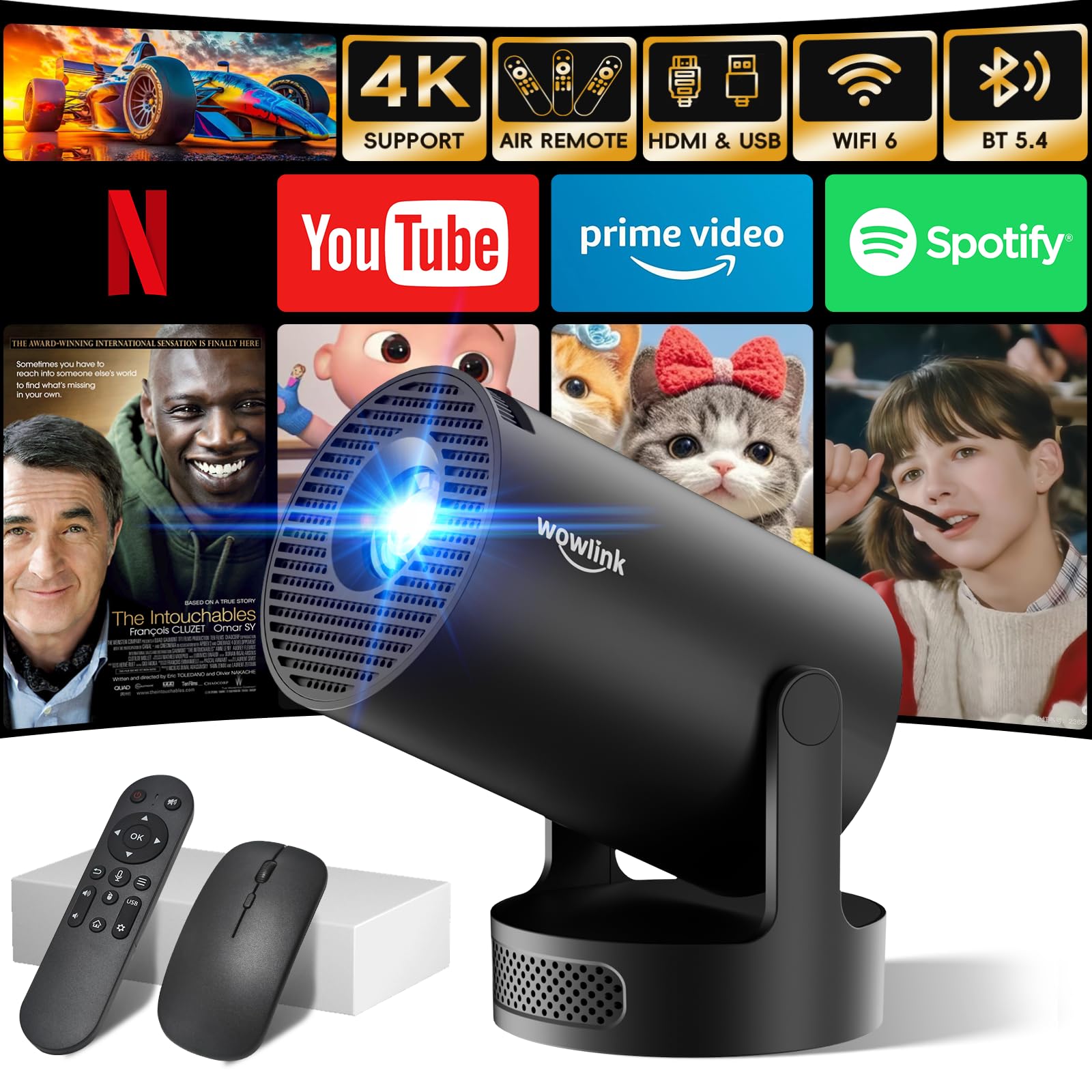 Photo 1 of [Built-in Apps & 2025 Upgraded] Mini Projector with WiFi 6 and Bluetooth 5.4 Support 4K 1080P Auto Keystone 180° Rotatable Projector Portable Compatibile with HDMI/TV Stick/Memory Stick/Laptop, Black