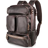 Fshsup Vintage Genuine Leather Backpack for Men 17.3" Laptop Bag Full Grain Leather Backpack Travel Weekender Hiking Shoulder Daypacks Overnight Weekender Rucksack
