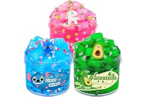 JIGEJUNFA 3 Pack Jelly Cube Crunchy Clear Slime Kit Blue Water Slime Pink Heart Add Ins, DIY Crystal Slime Set Avocado Green Pink Bubble Slime for Girls Boys, Kids Stocking Stuffers Toys Birthday Party Favors