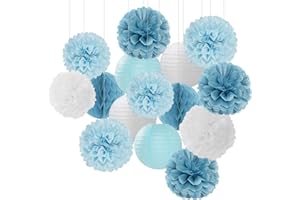 Dusty-Blue White Party-Decorations Paper-Flowers Lanterns - 15pcs Birthday Baby Bridal Shower Tissue Pom Poms Streamers Honeycomb, Boy Men Wedding Bachelorette Hanging Supplies Decor Hugfond