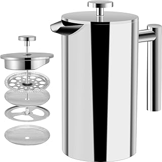 [1 Liter / 1000 ml} 8 cups Kaffeebereiter - Doppelwandige Edelstahl - Kaffeemaschine - Französische Kaffeepresse - Kaffeekanne - Französisches Pressensystem mit Edelstahlfilter - KICHLY
