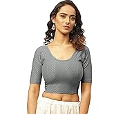 Fressia Fabrics Round Neck Pure Dobby Cotton Stretchable Elbow Sleeve Readymade Saree Blouse for Women Stylish (208_silver_3XL)