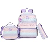kingdisen Kids School Backpack for Girls Purple Star School Bag Bookbag with Lunch Bag Pencil Case for School (Purple Gradient)