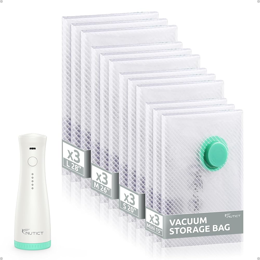 NUTICT 12 Pack Vacuum Storage Bags for Travel with Rechargeable Electric Pump, Long-Term Reusable Vacuum Seal Bags for Clothe