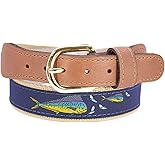 ZEP-PRO Dolphin Mahi Men's Woven Ribbon Belt – Mahi-Mahi Game Fish Ribbon With Navy Webbing and Tan Full Grain Leather Tabs – 1.25" Wide Outdoor Lifestyle Accessory, Size 36