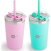 PopYum 13oz Insulated Stainless Steel Kids’ Cups with Lid and Straw, 2-Pack, Green, Pink, stackable, sippy, baby, child, toddler, tumbler, double wall, vacuum, leak proof