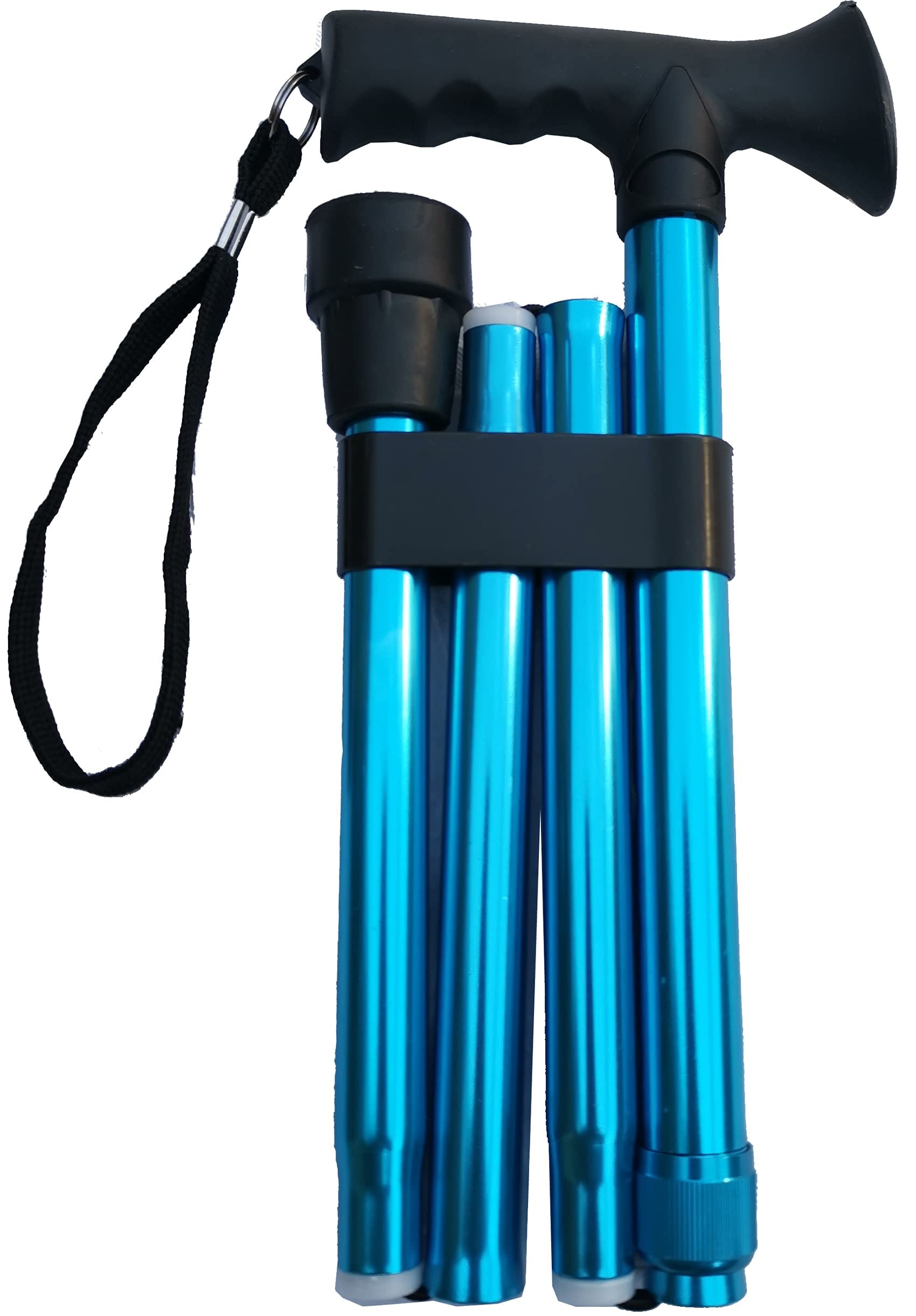 Deluxe 4-Part Folding Adjustable Aluminium Metallic Compact Walking Stick Cane for Men, Ladies and Women with Soft Grip Gel Handle – 33.5” – 37.5” (Blue)