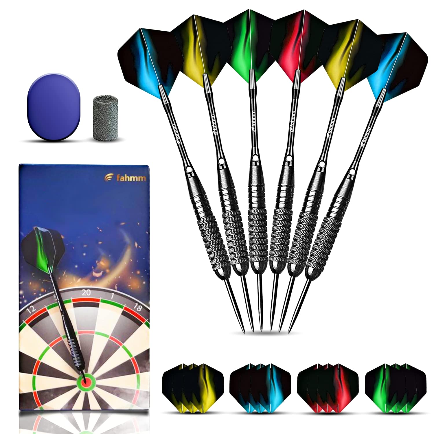fahmm Professional steel tip Darts set-22G Pack Of 6 Aluminium Shafts+12 Darts Flights+ Rubber O Rings+ Darts case+ Sharpener +Darts For Beginners Home-6 pieces Tungsten Darts for Dartboard set
