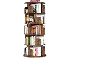 Besiost Rotating Bookshelf Tower, 5 Tier Spinning Bookcase, Revolving 360 Book Shelf Narrow Tall Bookcase, Vertical Turning Round Bookshelf Organizer, Corner Book Shelf for Small Space, Rustic Brown