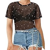 CARCOS Women's Mesh Tops Plus Size See Through Sheer Tops Crewneck Sexy Clubwear XL-5XL