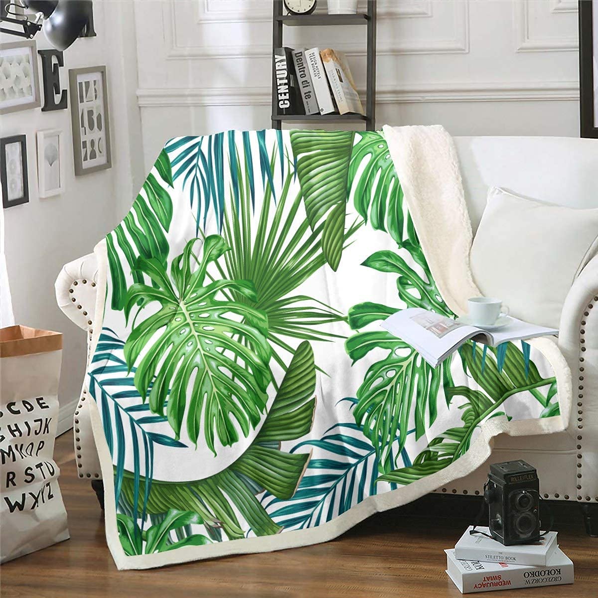 Homemissing Palm Leaf Fuzzy Blanket Tropical Leaves Fleece Blanket For Sofa Couch Teens Soft Hawaiian Green Botanical Sherpa Throw Leaf Branches Baby 30x40 Inch