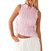 Neavuge Women Tie Side Crop Tank Top Sleeveless Ruffle Hem Smocked Ruched Shirt Summer Y2k Casual Going Out Vest Streetwear