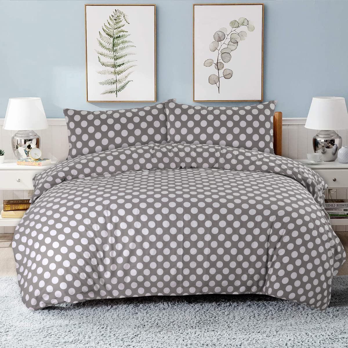 NIYS Luxury Bedding Single Bed Duvet Cover Set - Soft Breathable Polycotton Duvet Cover with matching pillow case - Bedding Quilt Cover Set (Grey/White Dots)