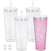 Maucircol 24 Oz Acrylic Snowglobe Tumbler, 4 Pack Pre-Drilled Double Wall Acrylic Clear Cup For Glitter Snow Globe Diy, Double Wall Snowglobe Cup