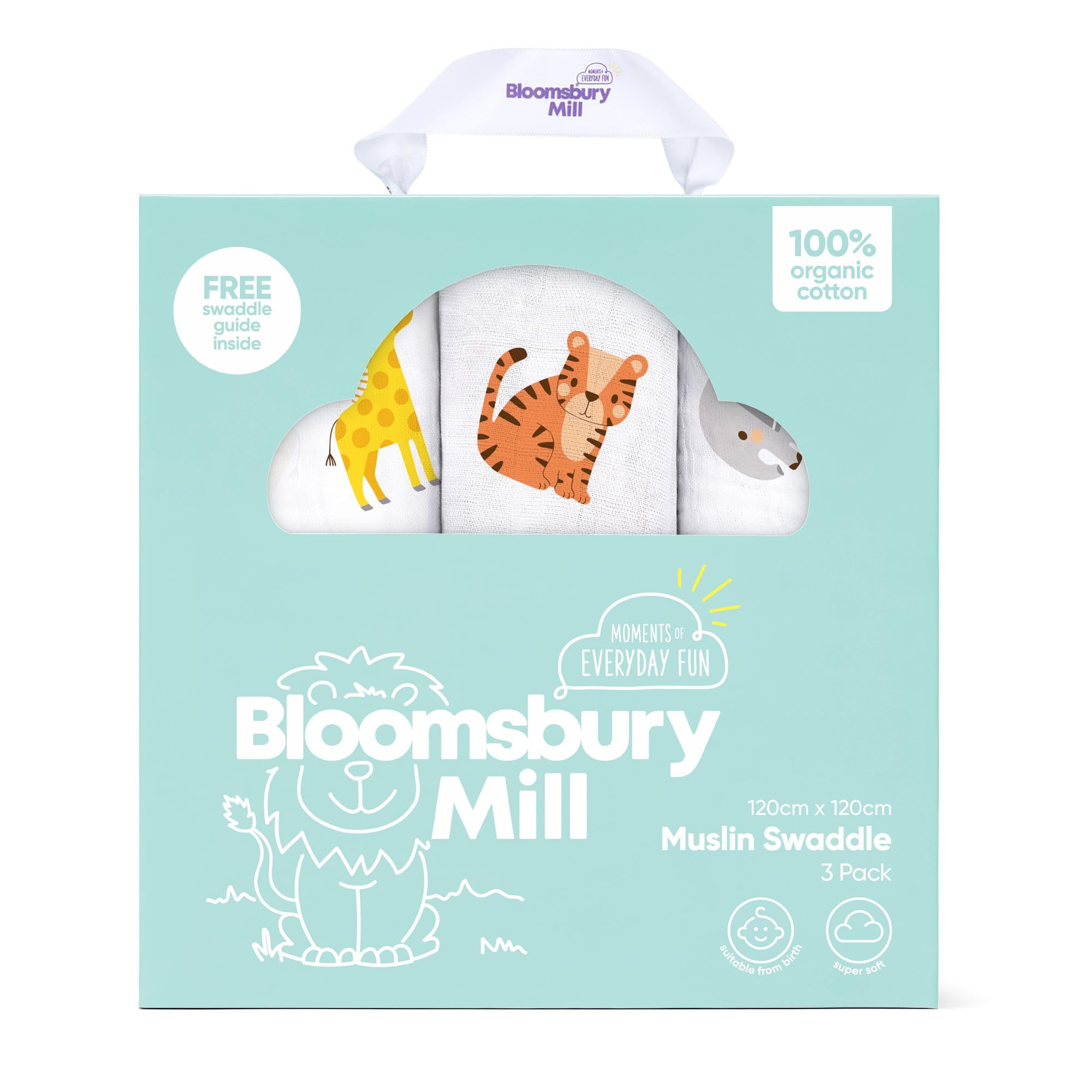 Bloomsbury Mill - Baby Swaddle Blanket - Soft 100% Organic Cotton Swaddles for Newborn - Large Muslin Cloths for Baby - Pack of 3 - Essentials for Newborn - Safari Animals - 120x120cm