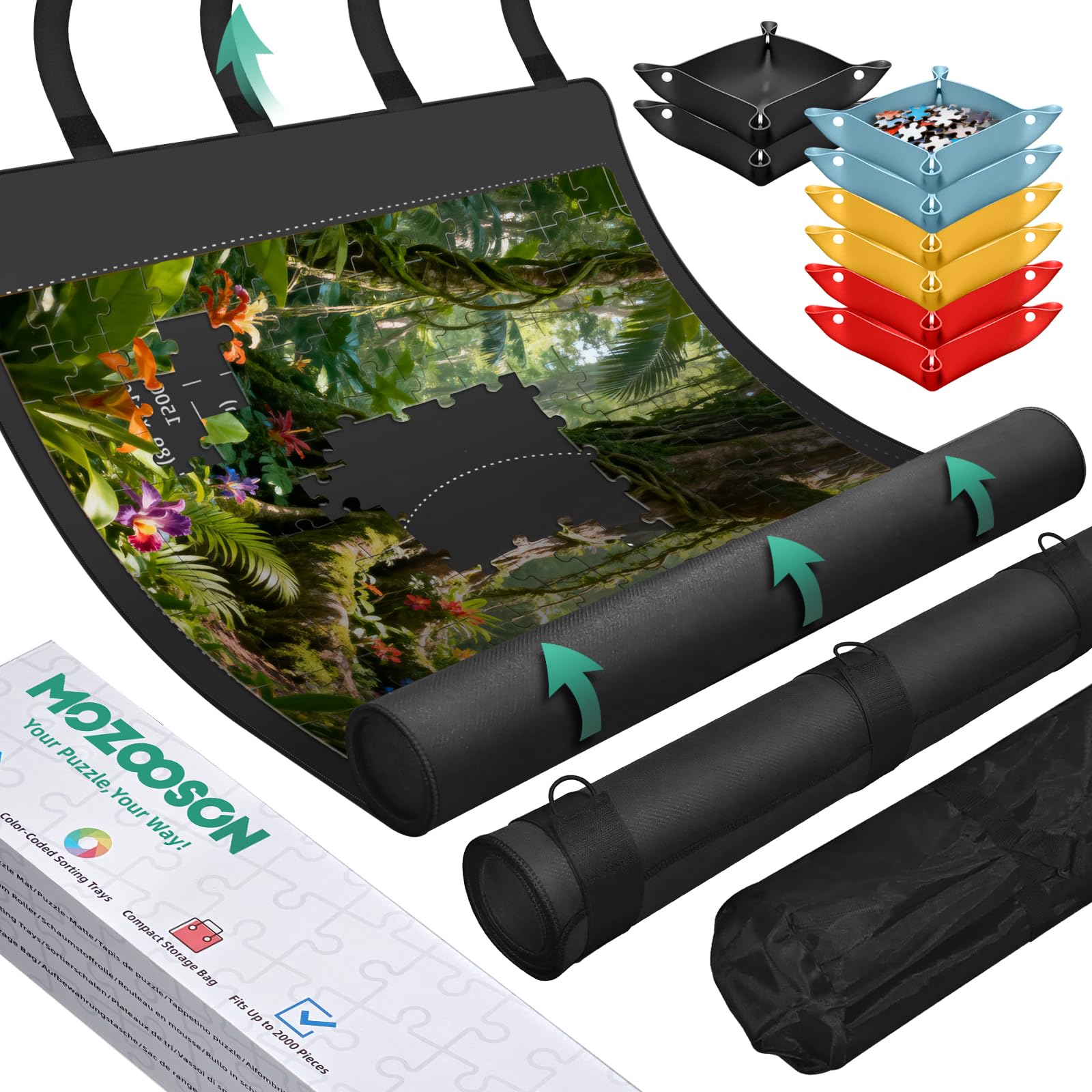 MOZOOSON Rubber Puzzle Roll Mat, Jigsaw Mat 95x150 cm Stores Up to 3000 Pieces, Jigsaw Accessories for Storage and Travel - Includes Tube, Straps & Gift Box