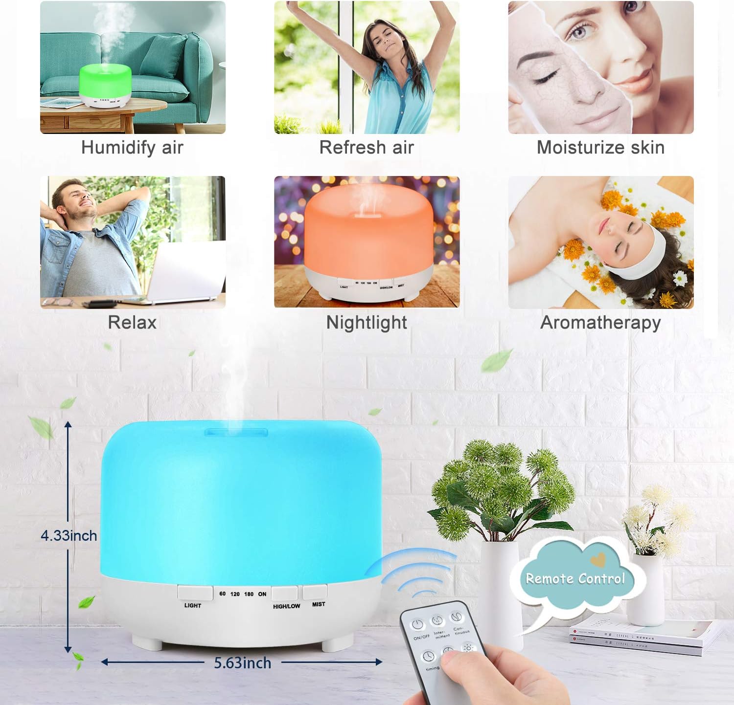 Tenswall Essential Oil Diffuser, 500ml l Diffusers for Essential Oils with Remote Control, Aromatherapy Diffuser Ultrasonic Humidifier with 7 Color LED Lights & Waterless Auto-Off: Home & Kitchen