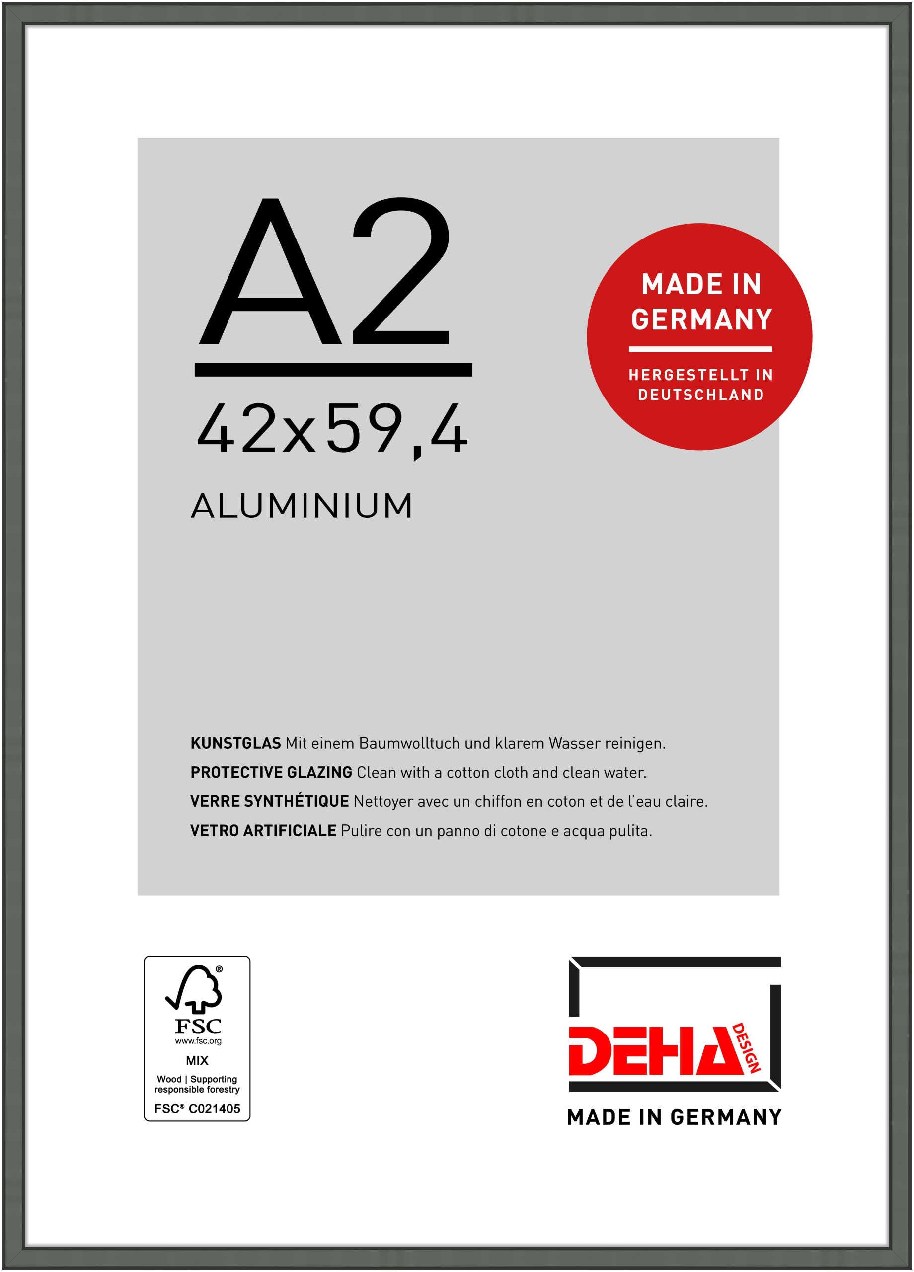 DEHA Design Boston Aluminium Picture Frame - A2 (42x59.4 cm) – Grey - with Synthetic Glass and Push/Turn Clips — image 1