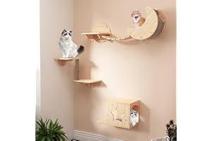 PUPETPO Cat Wall Shelves 7PCS Set for DIY Solid Wood Star Houses & Condos Perches Scratching Post Cat Bridge for Kitty & Kitten Modern Cat Tree