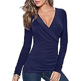 Afibi Womens Slim Fitted Deep V Neck Cross Wrap Top Long Sleeve T-Shirts