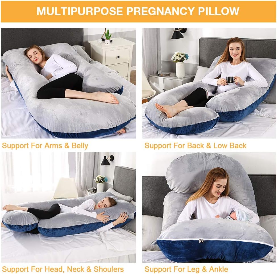 Pregnancy Pillow, 60 inches Full Body Pillow Maternity Pillow for Pregnant Women, Comfort U Shaped Zootzi Pillow with Removable Washable Velvet Cover(Grey and Navy blue, 60 x 28 inches, Full Size): Home & Kitchen