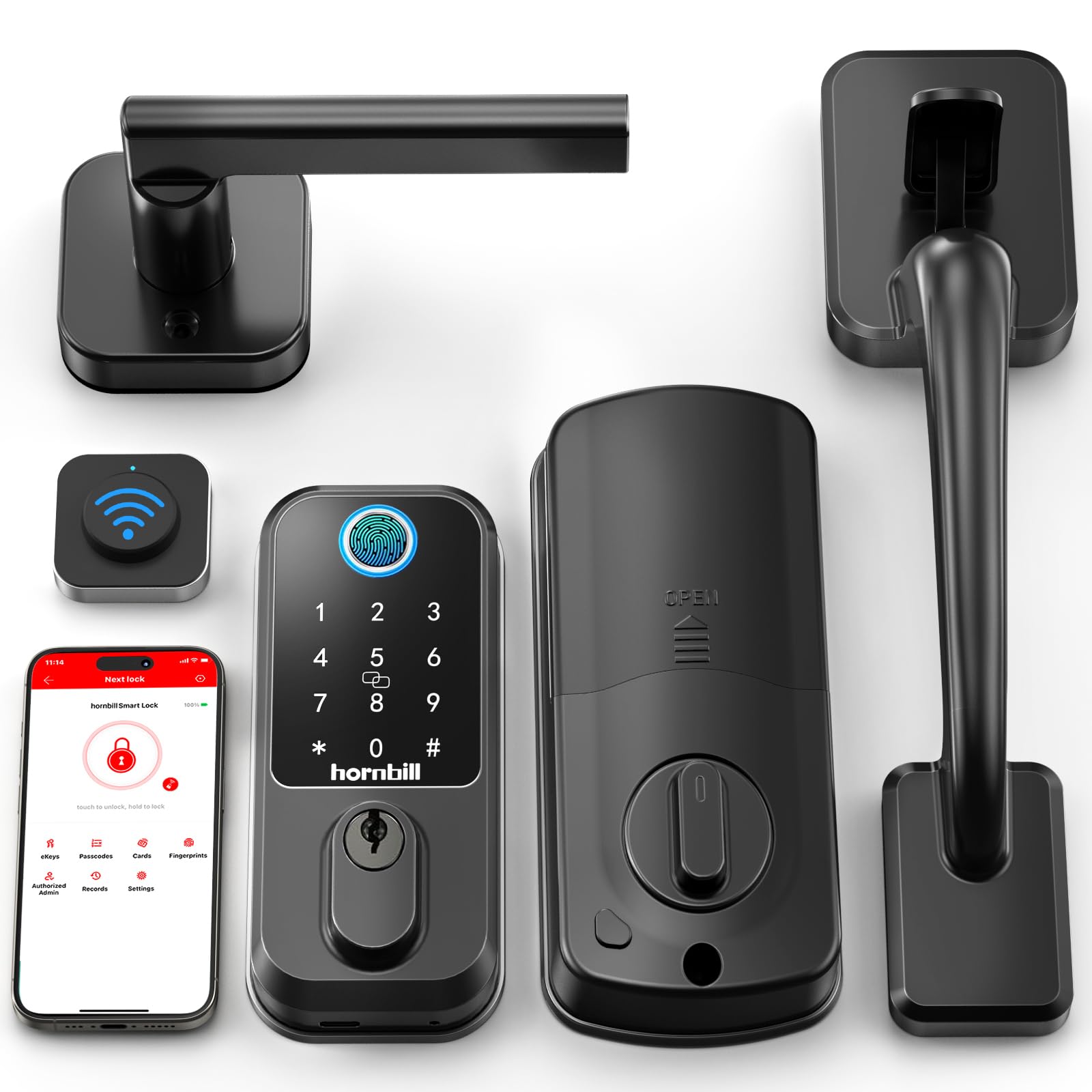 Photo 1 of Hornbill WiFi Smart Deadbolt Lock: Front Door Lock Set Keyless Entry with Handle, Smart Locks for Front Door, Alexa Compatible, Fingerprint Keypad Deadbolt, Touchscreen,App Remote Control, Matte Black