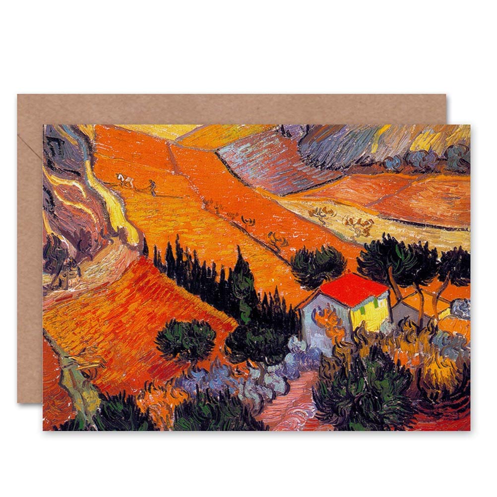 Wee Blue Coo VINCENT VAN GOGH LANDSCAPE WITH HOUSE PLOUGHMAN 1889 BLANK GREETINGS CARD