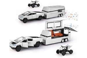 1/32 Alloy Cybertruck Toy Pickup Trailer RV Model Kit with Motorcycle, Diecast Metal RV Car Model Cyber Truck Toy with Sound 