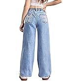 WDIRARA Girl's Bow Print Back Zipper Fly Elastic High Waist Denim Pants Basic Wide Leg Jeans