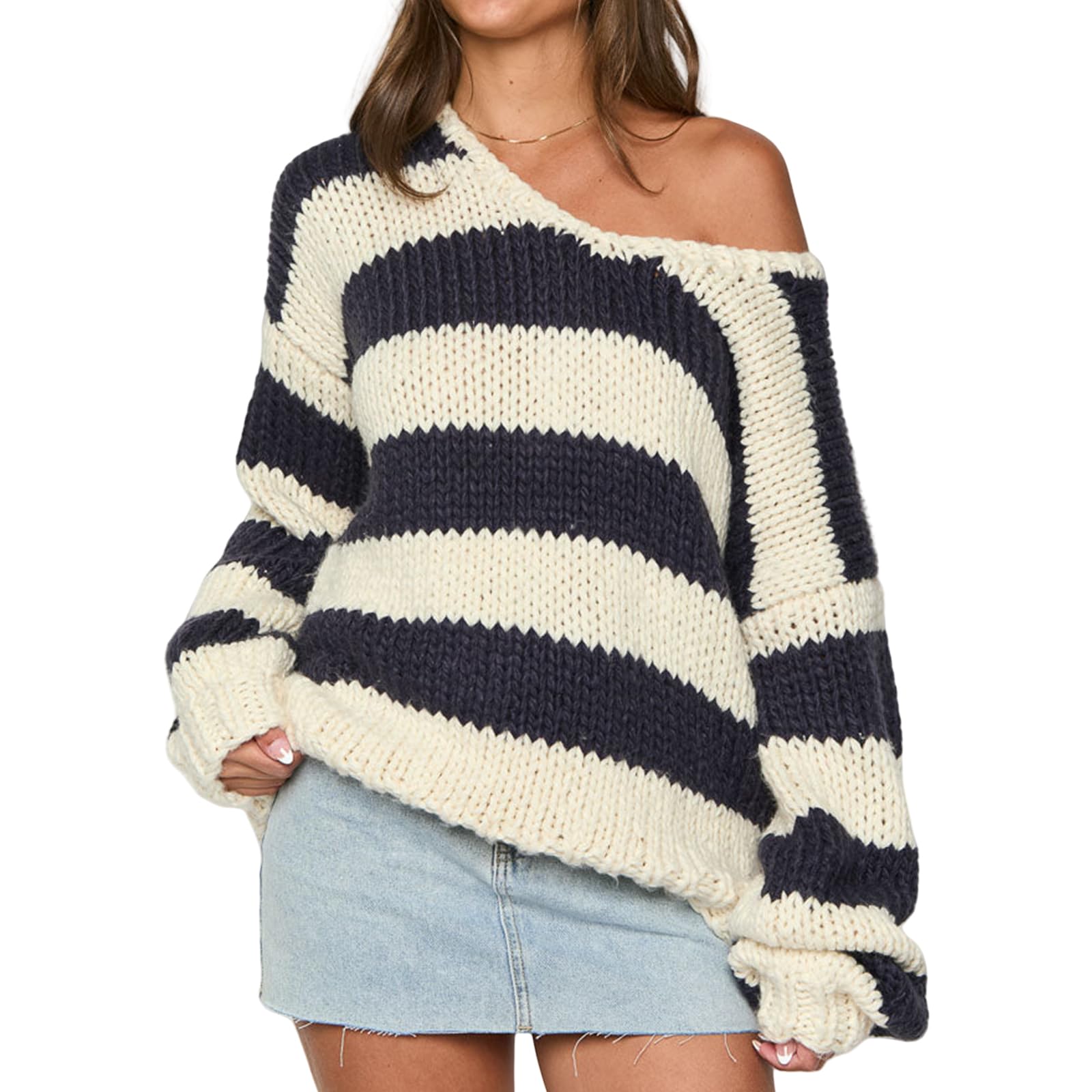 View 1 of **Similar item**
Women Fall Vintage Striped Sweater Long Sleeve Chunky Knit Pullover Tops Y2k Oversized Jumper for Teen Girls(Stripe Navy Blue,S)