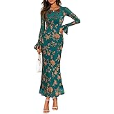 ZESICA Women's 2026 Bell Long Sleeve Floral Maxi Dress Spring Fashion Bodycon Mesh Wedding Guest Cocktail Party Dresses