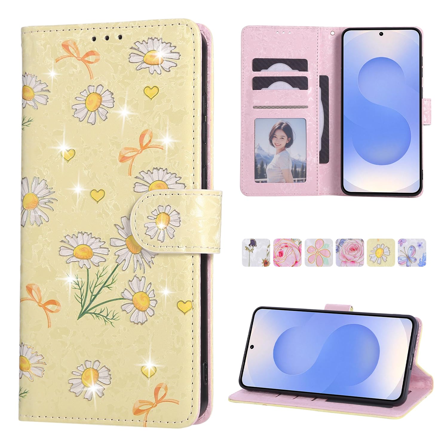 UEEBAI Wallet Case for Samsung Galaxy S25 Edge 5G, PU Leather Phone Case Kickstand RFID Blocking Flip Case Card Slots Wrist Strap Relief Engraved Pattern Magnetic Closure Flower Case, Yellow Daisy