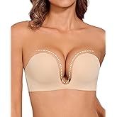 Upushall Strapless Push Up Bras for Women Deep Plunge Non Slip Padded Convertible Underwire Bra Low Cut Sexy U Shaped