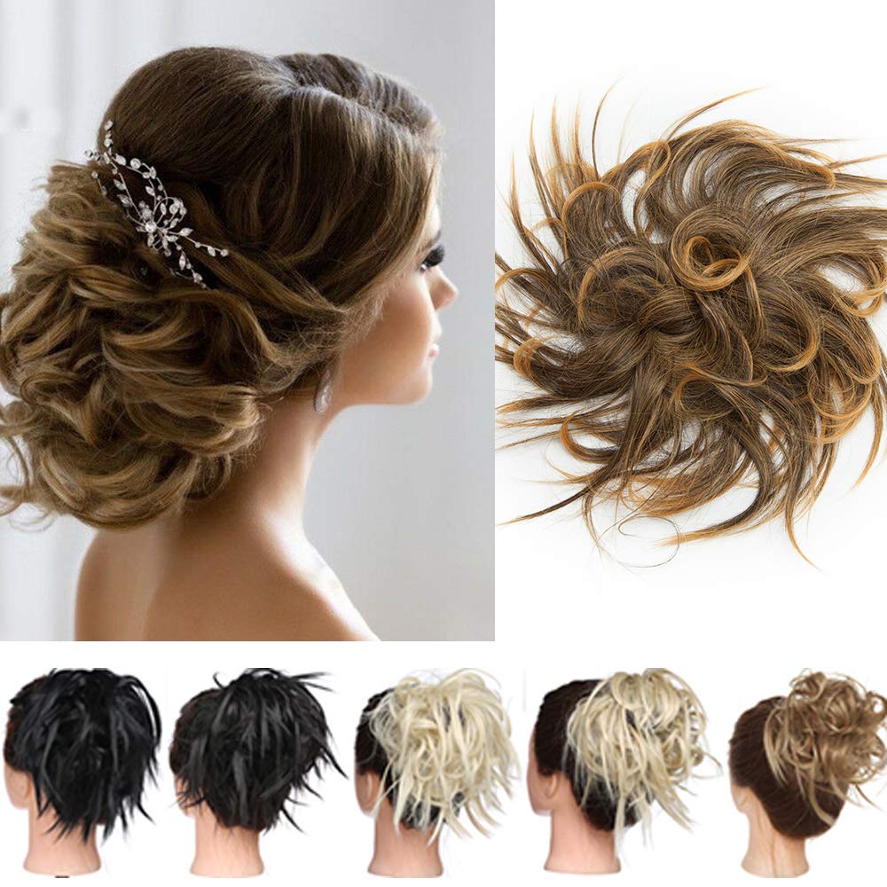 【45g】Tousled Updo Messy Hair Bun Hairpiece Synthetic Hair Extensions Scrunchie Scrunchy Ponytail Hair Acessory [Dark Brown & Orange]