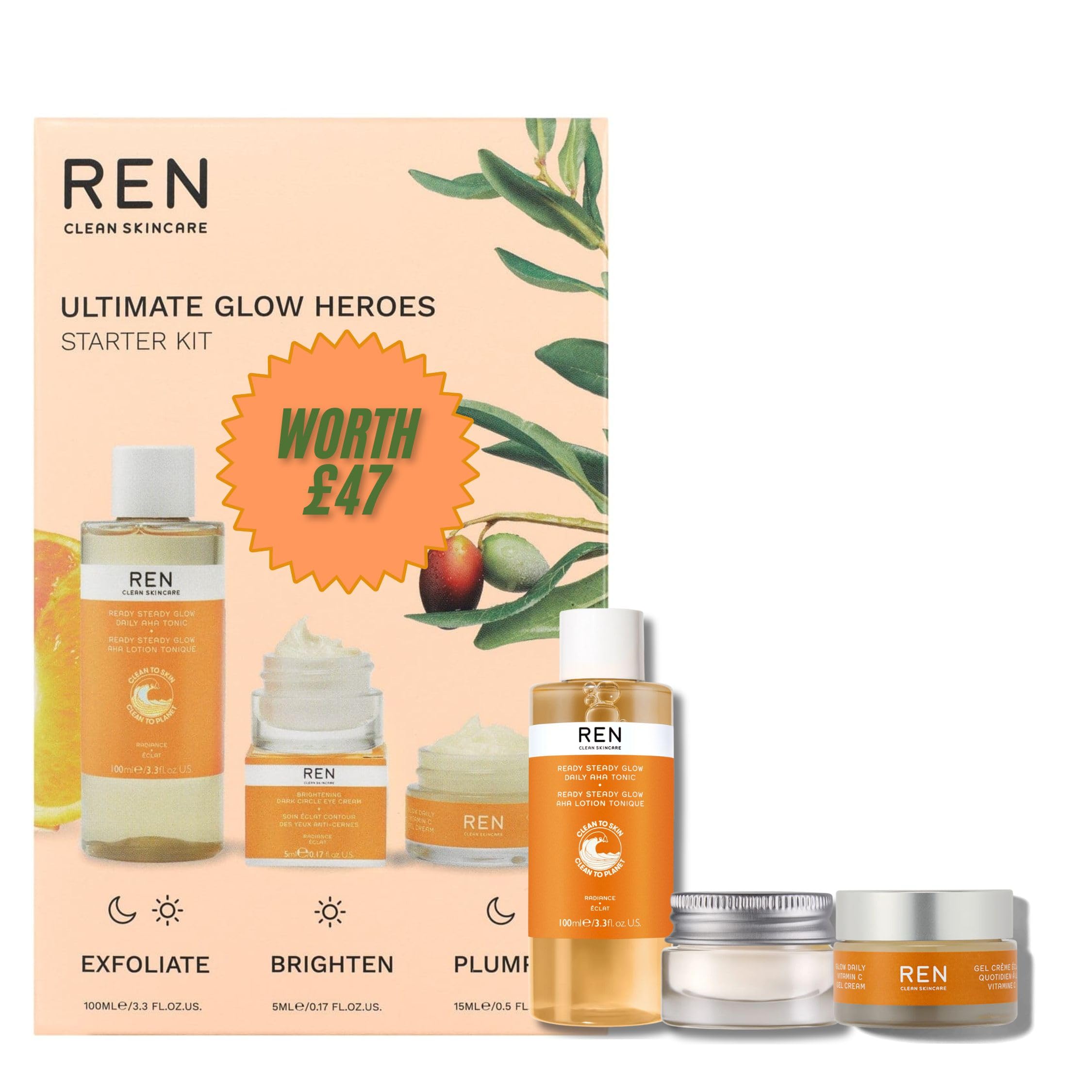 Ren Clean Skincare Ultimate Glow Heroes Set - Daily AHA Tonic 100ml, Brightening Dark Circle Eye Cream 5ml & Glow Daily Vitamin C Gel Cream 15ml